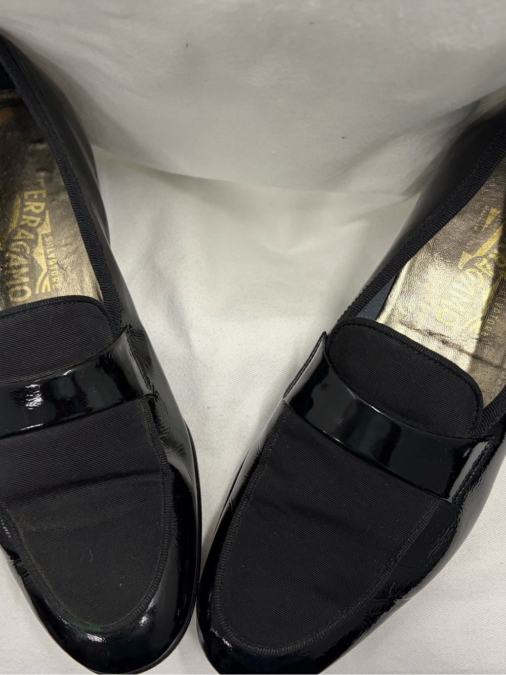 Salvatore Ferragamo Black Patent & Fabric Slip-On Loafers